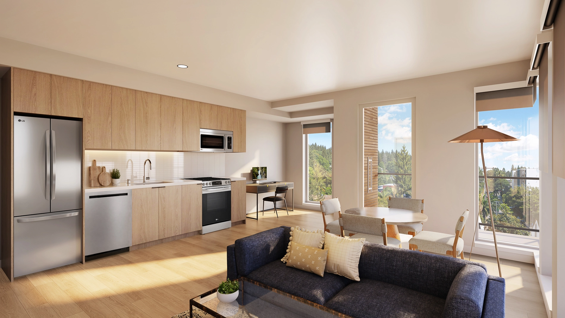 Modern apartment living space with stainless steel kitchen, wood cabinetry, navy sofa, and dining nook with balcony views